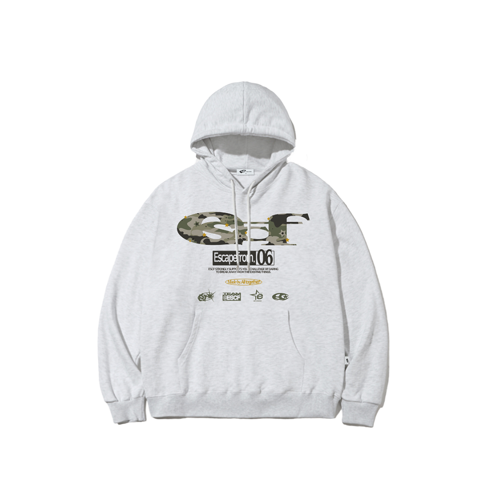 E252HD011WM Escapefrom Star Camo ESCF Logo Collage Print Hoodie White Melange