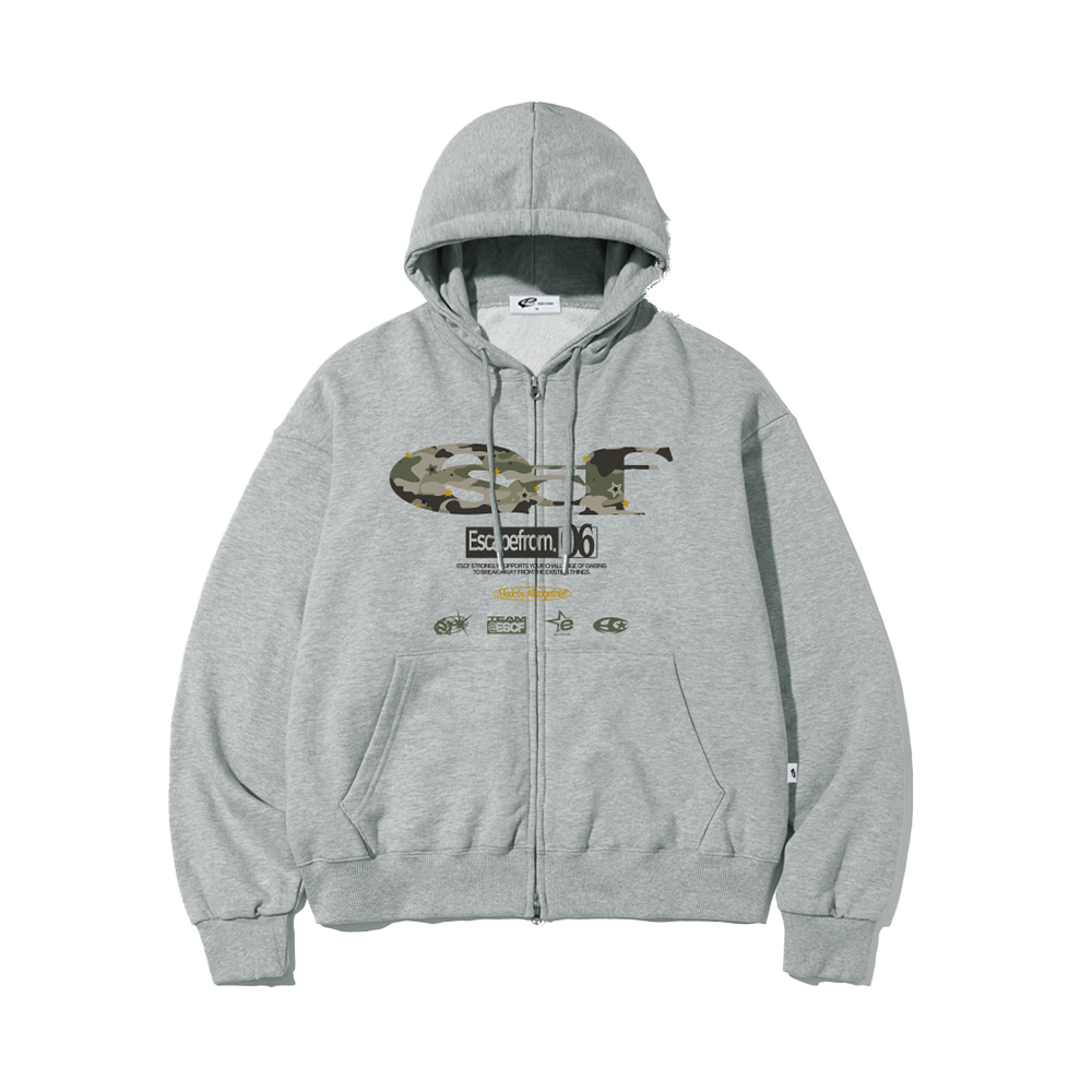 이스케이프프롬 스타 카모 ESCF 로고 콜라주 프린트 투웨이 후드집업 그레이(Escapefrom Star Camo ESCF Logo Collage Print Two-Way Hoodie Zip-Up Gray) - 1