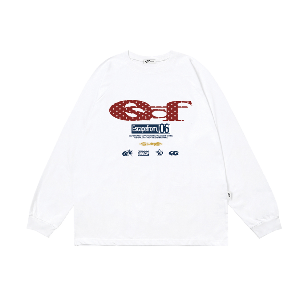 이스케이프프롬 레드 도트 ESCF 로고 콜라주 프린트 롱슬리브 화이트(Escapefrom Red Dot ESCF Logo Collage Print Long Sleeve T-shirt White) - 1