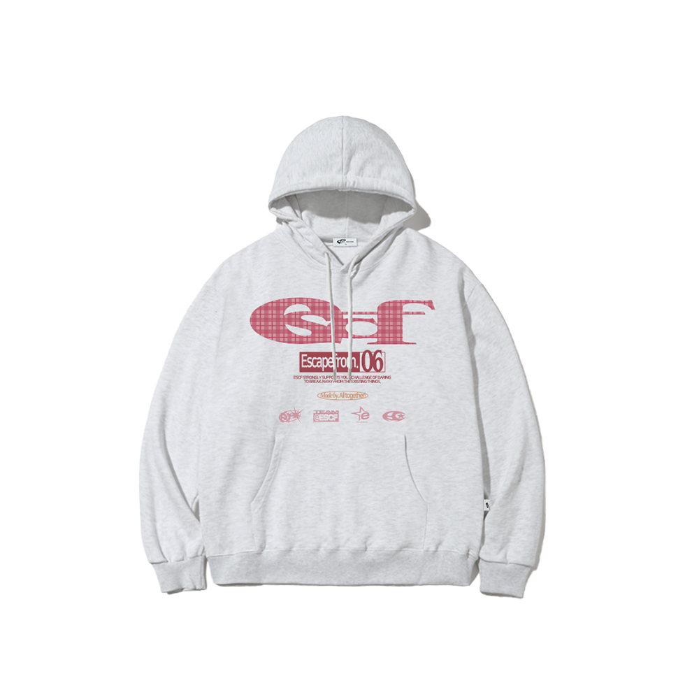 E252HD020WM Escapefrom Pink Check ESCF Logo Collage Print Hoodie White Melange