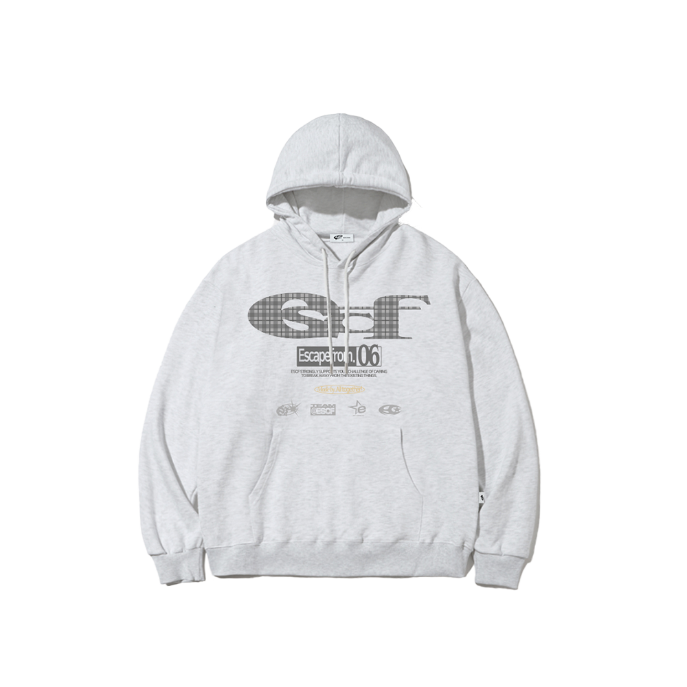 E252HD002WM Escapefrom Gray Check ESCF Logo Collage Print Hoodie White Melange