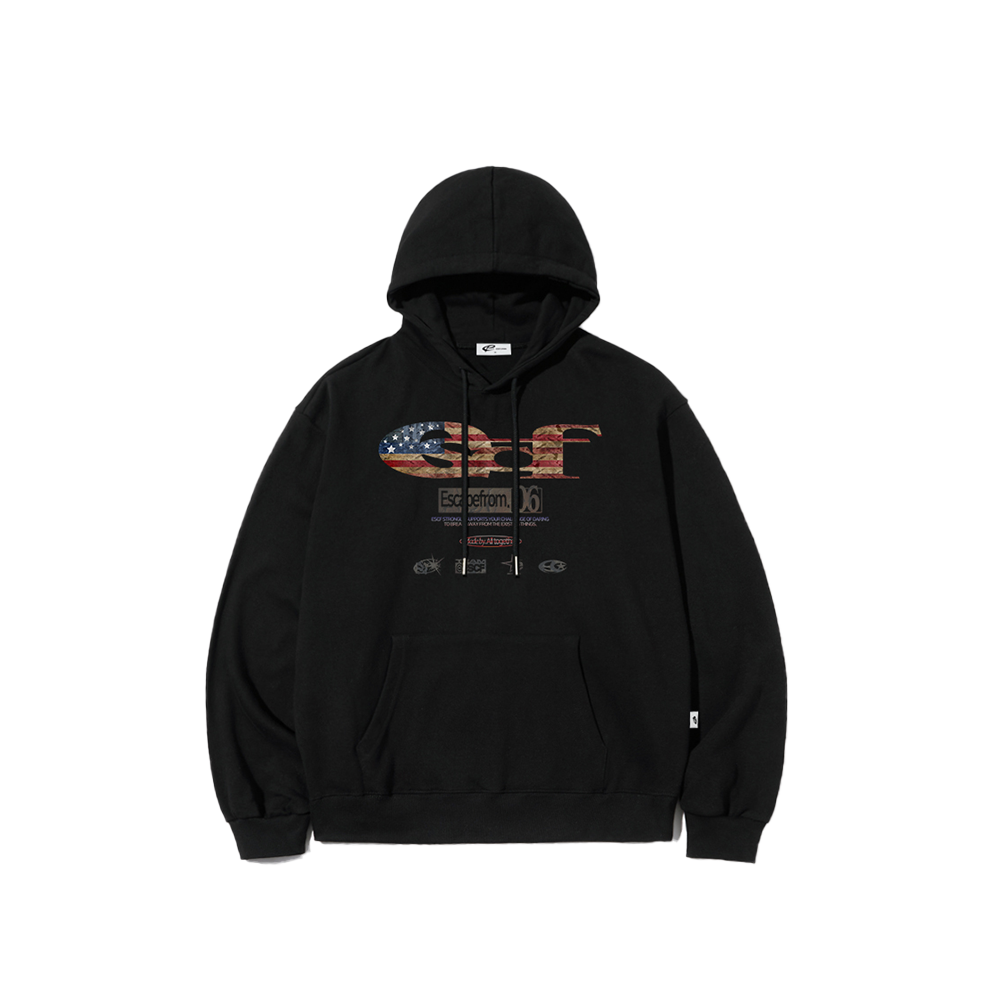 E252HD021BK Escapefrom Vintage Flag ESCF Logo Collage Print Hoodie Black