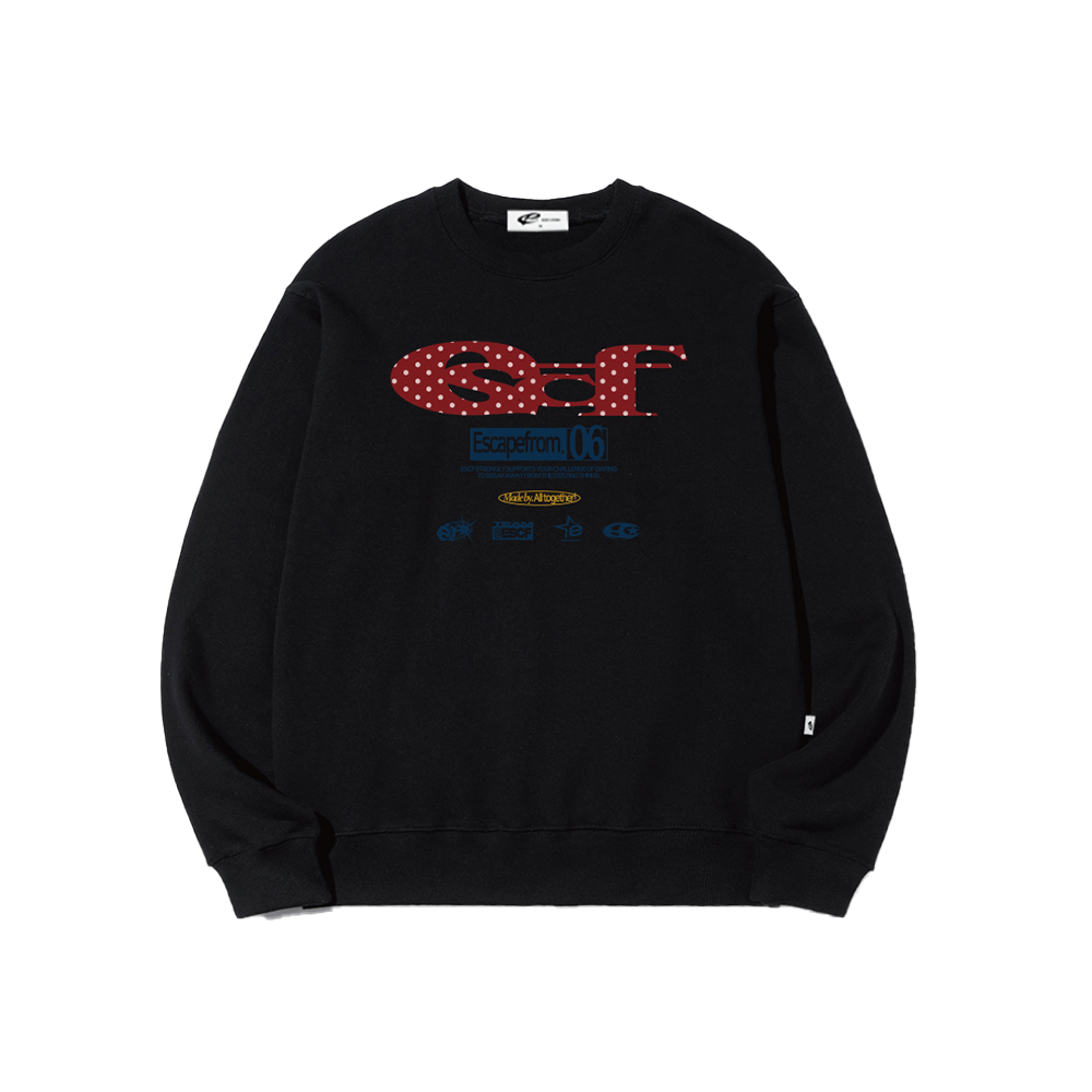 E252SW003BK Escapefrom Red Dot ESCF Logo Collage Print Sweatshirt Black