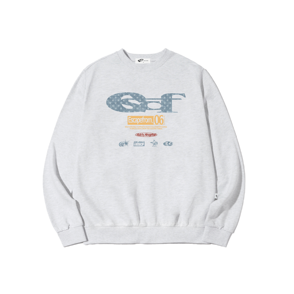이스케이프프롬 블루 별 데님 ESCF 로고 콜라주 프린트 맨투맨 화이트멜란지(Escapefrom Blue Star Denim ESCF Logo Collage Print Sweatshirt White Melange) - 1