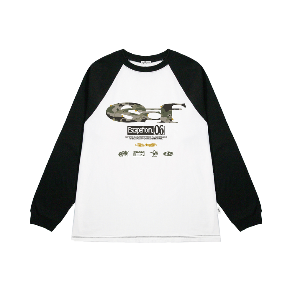 이스케이프프롬 스타 카모 ESCF 로고 콜라주 프린트 롱슬리브 블랙(Escapefrom Star Camo ESCF Logo Collage Print Long Sleeve T-shirt Black)