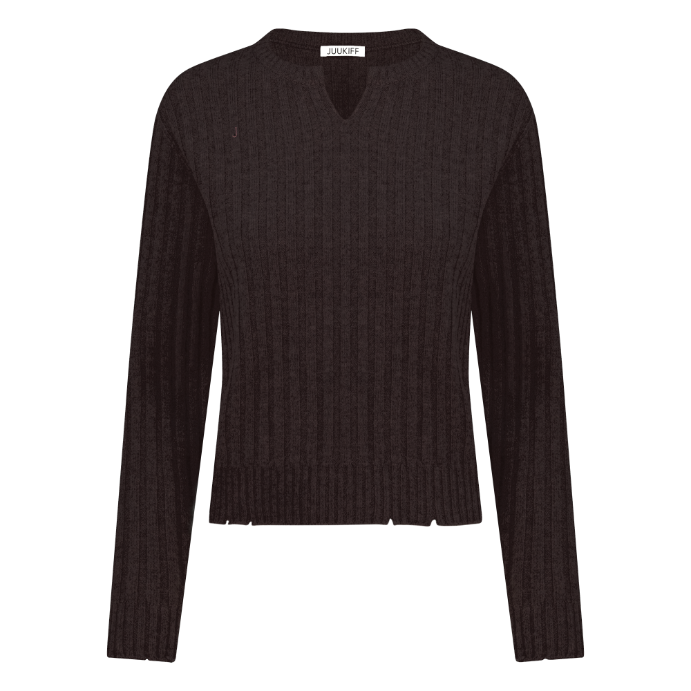 25AWMATO01DB Juukiff Distressed Split-Neck Pullover In Wool Dark Brown