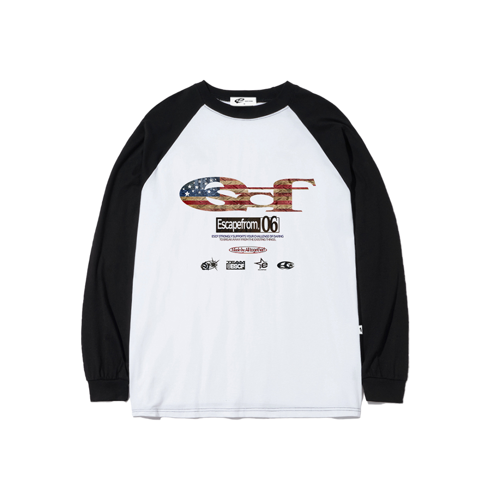 E252LS031BK Escapefrom Vintage Flag ESCF Logo Collage Print Long Sleeve T-shirt Black