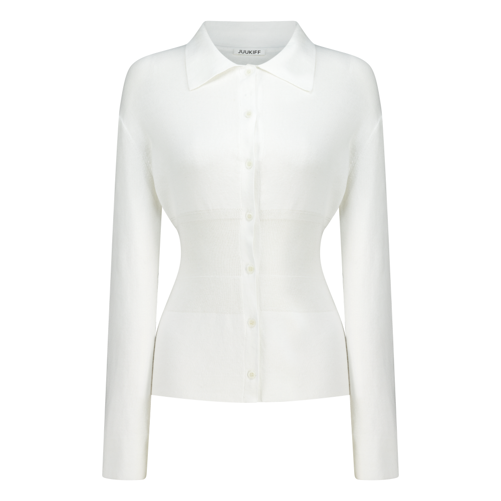 쥬키프 캐시미어 코튼 셔츠 가디건 오프 화이트(Juukiff Waist Ribbed Shirts Cardigan In Cashmere Mixed Cotton Off White)