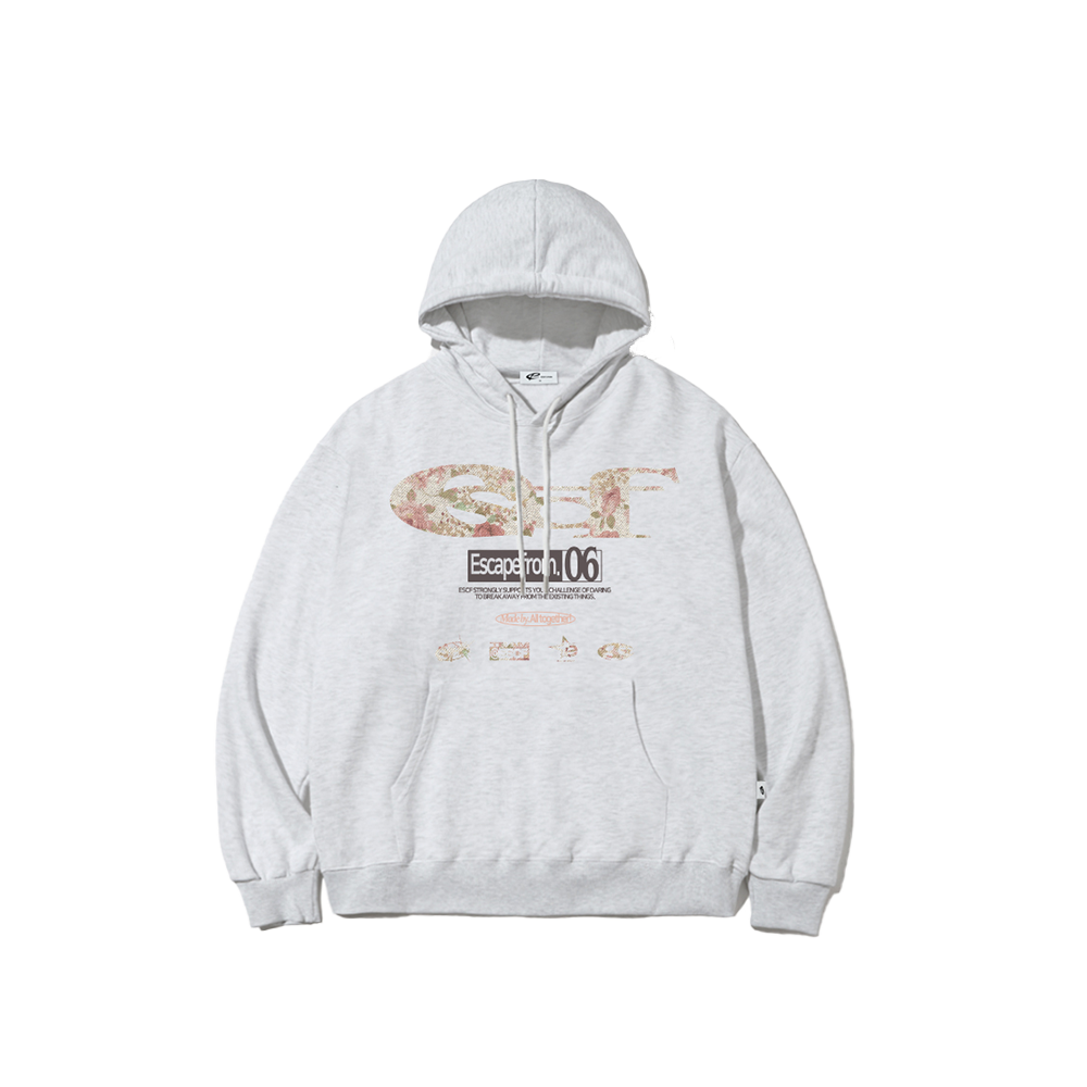E252HD016WM Escapefrom Flower ESCF Logo Collage Print Hoodie White Melange