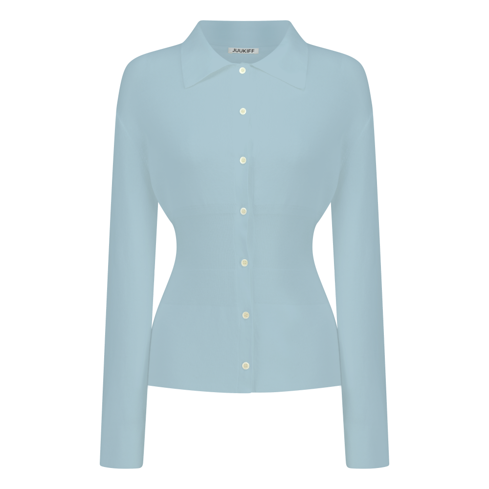 쥬키프 캐시미어 코튼 셔츠 가디건 라이트 블루(Juukiff Waist Ribbed Shirts Cardigan In Cashmere Mixed Cotton Light Blue)