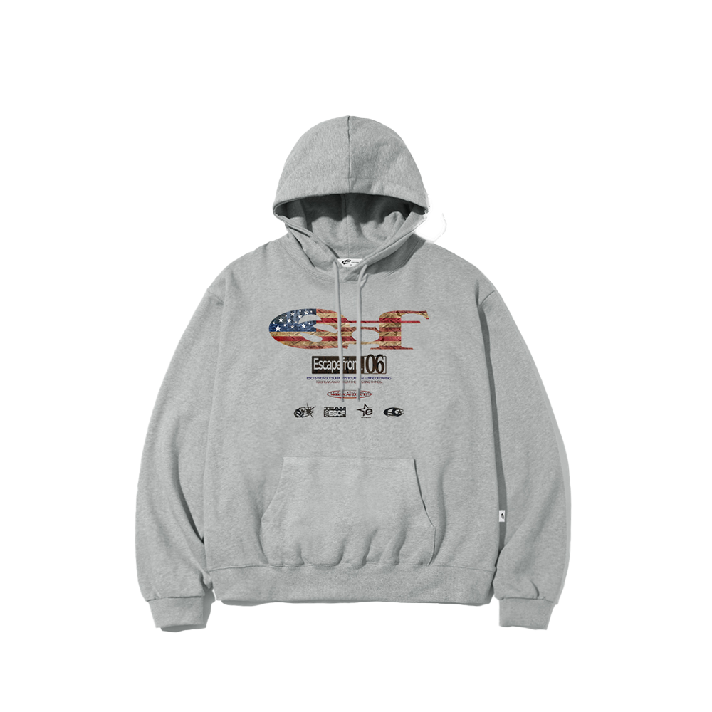 E252HD022GR Escapefrom Vintage Flag ESCF Logo Collage Print Hoodie Gray