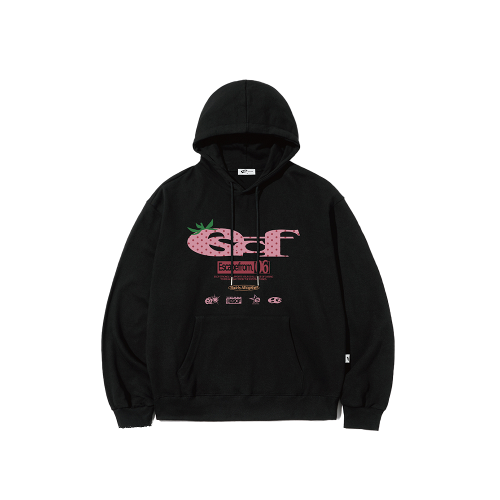 E252HD013BK Escapefrom Strawberry Dot ESCF Logo Collage Print Hoodie Black