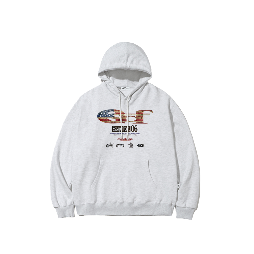 E252HD023WM Escapefrom Vintage Flag ESCF Logo Collage Print Hoodie White Melange