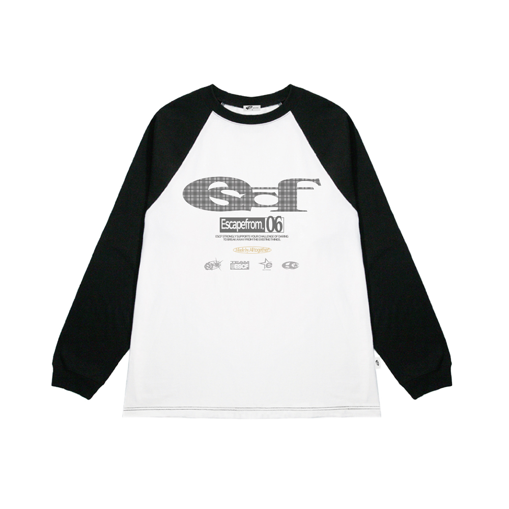 E252LS025BK Escapefrom Gray Check ESCF Logo Collage Print Long Sleeve T-shirt Black