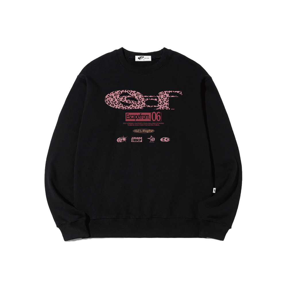 E252SW020BK Escapefrom Pink Leopard ESCF Logo Collage Print Sweatshirt Black