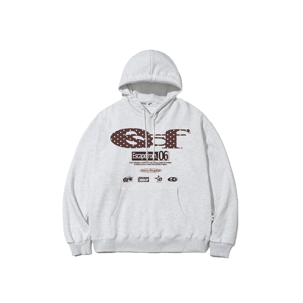 E252HD015WM Escapefrom Choco Dot ESCF Logo Collage Print Hoodie White Melange