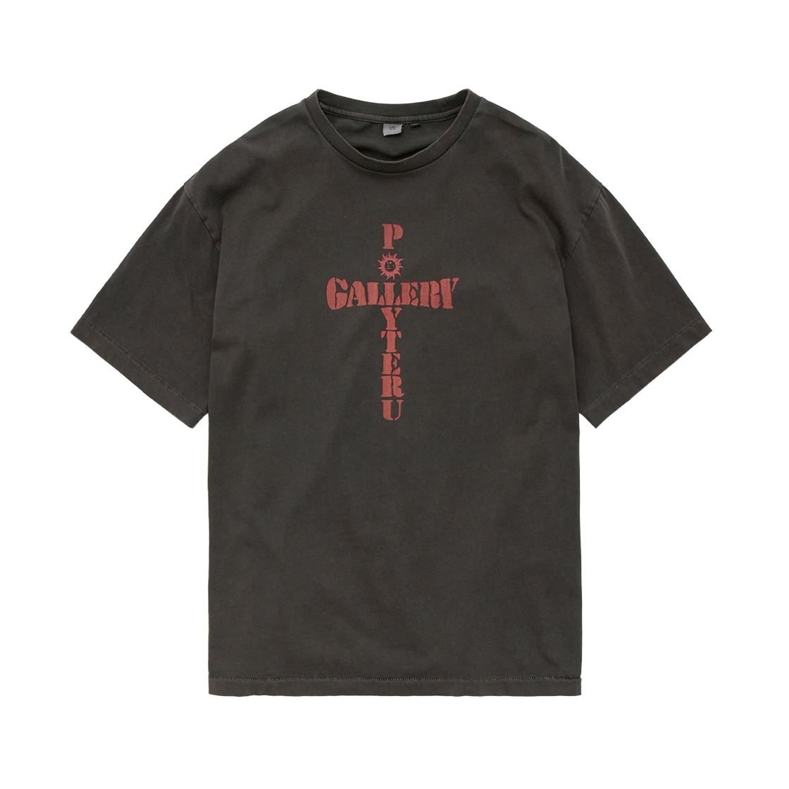 폴리테루 1011 1/2 그래픽 티셔츠 '크로스 티' 워시드 차콜 브라운(Polyteru 1011 1/2 Graphic T Shirt 'Cross Tee' Washed Charcoal Brown)
