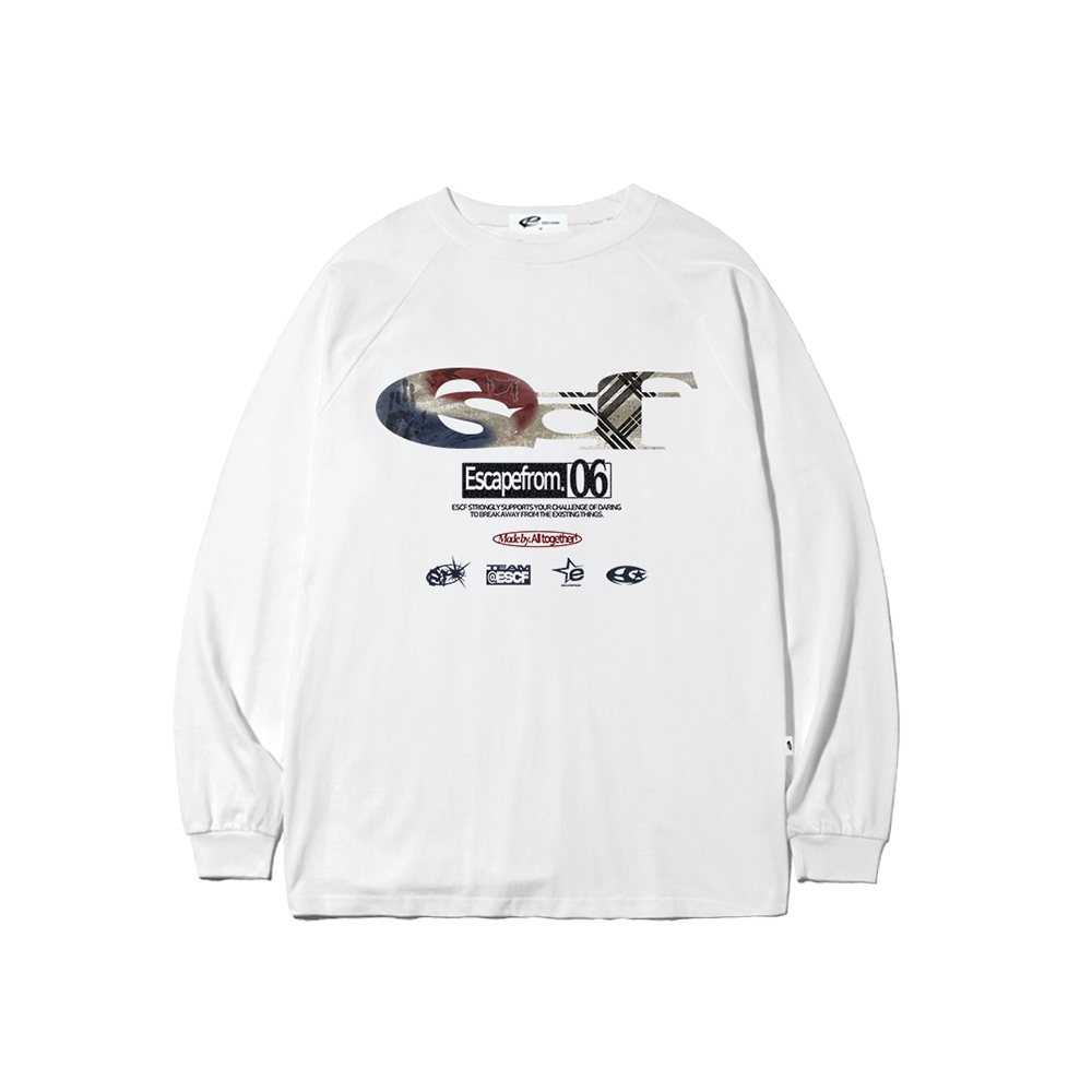 E252LS034WH Escapefrom (Independence Day Edition) Independence Day ESCF Logo Collage Print Long Sleeve T-shirt White