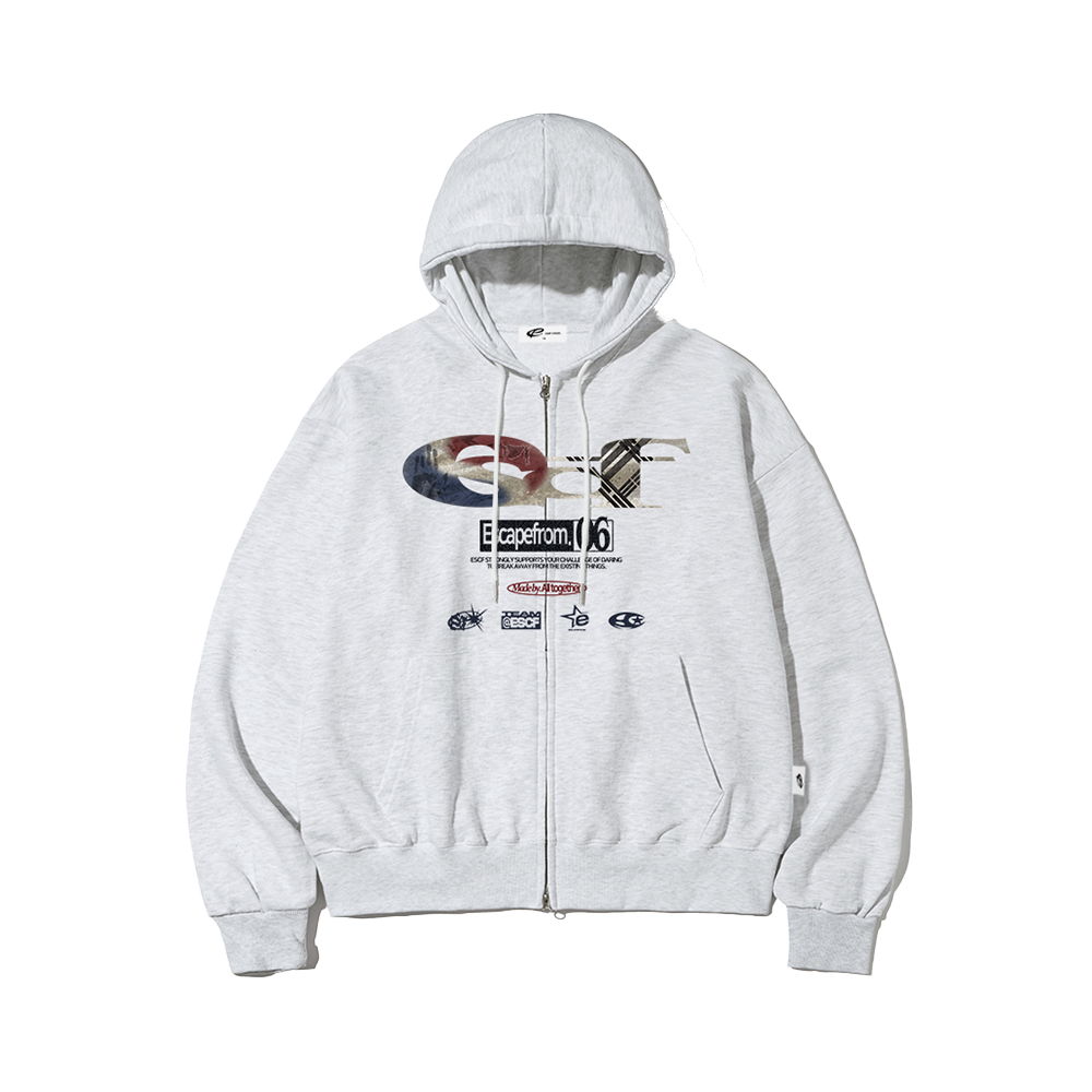 E252HZ010WM Escapefrom Independence Day ESCF Logo Collage Print Two-Way Hoodie Zip-Up White Melange