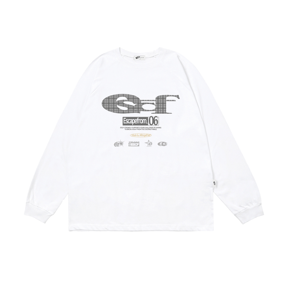 E252LS024WH Escapefrom Gray Check ESCF Logo Collage Print Long Sleeve T-shirt White