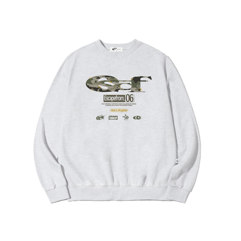 E252SW012WM Escapefrom Star Camo ESCF Logo Collage Print Sweatshirt White Melange