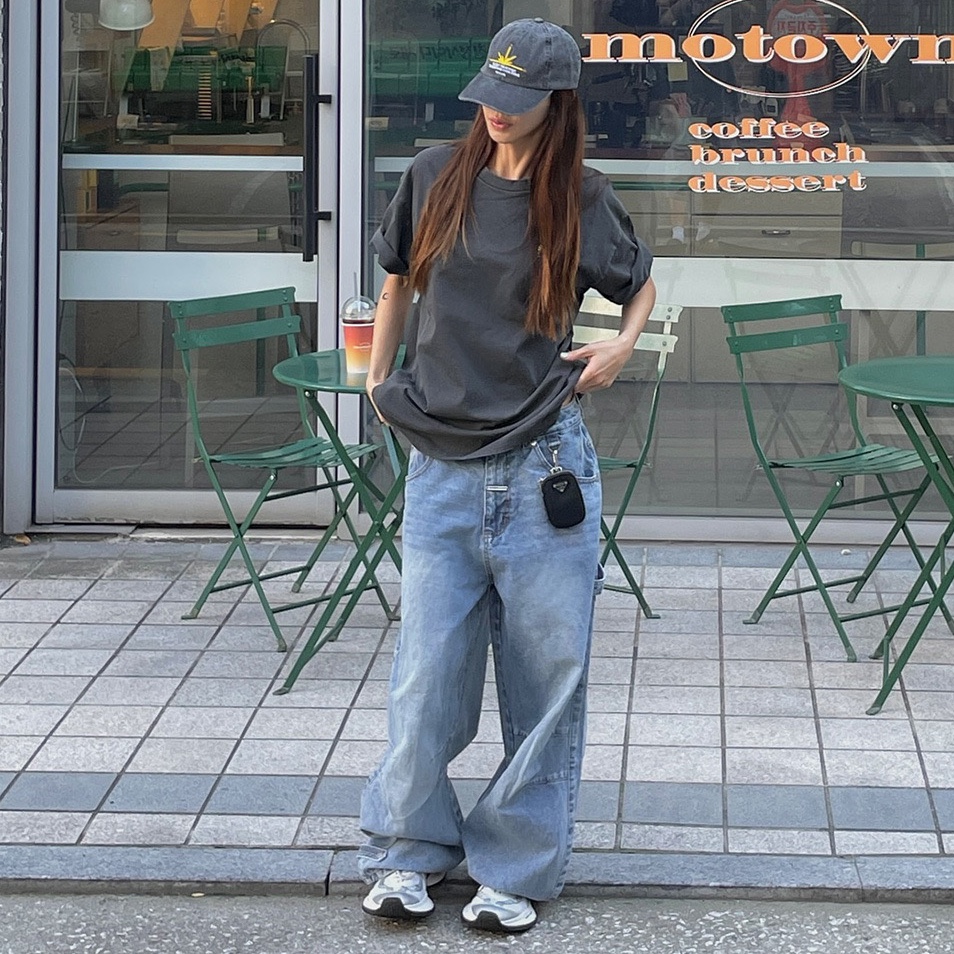 Thevinylhouse Basic Wide Denim Pants Light Blue 착용 스타일