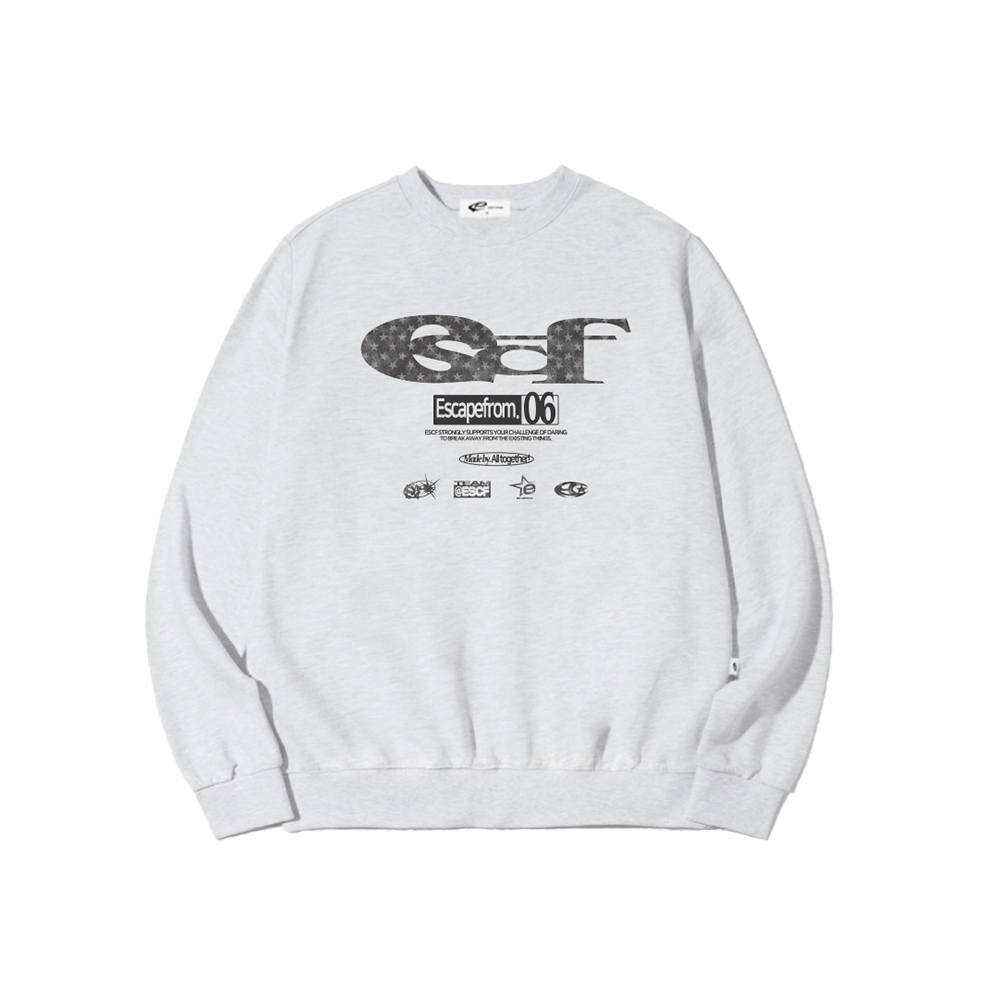 E252SW007WM Escapefrom Black Star Denim ESCF Logo Collage Print Sweatshirt White Melange