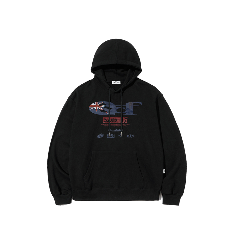 E252HD024BK Escapefrom British Vintage ESCF Logo Collage Print Hoodie Black