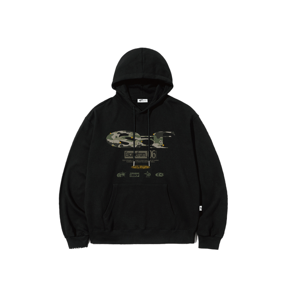 E252HD009BK Escapefrom Star Camo ESCF Logo Collage Print Hoodie Black