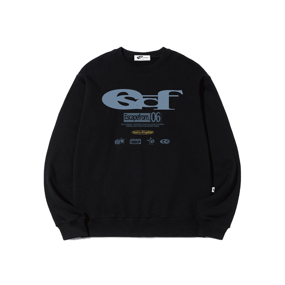 E252SW016BK Escapefrom Ash Blue ESCF Logo Collage Print Sweatshirt Black