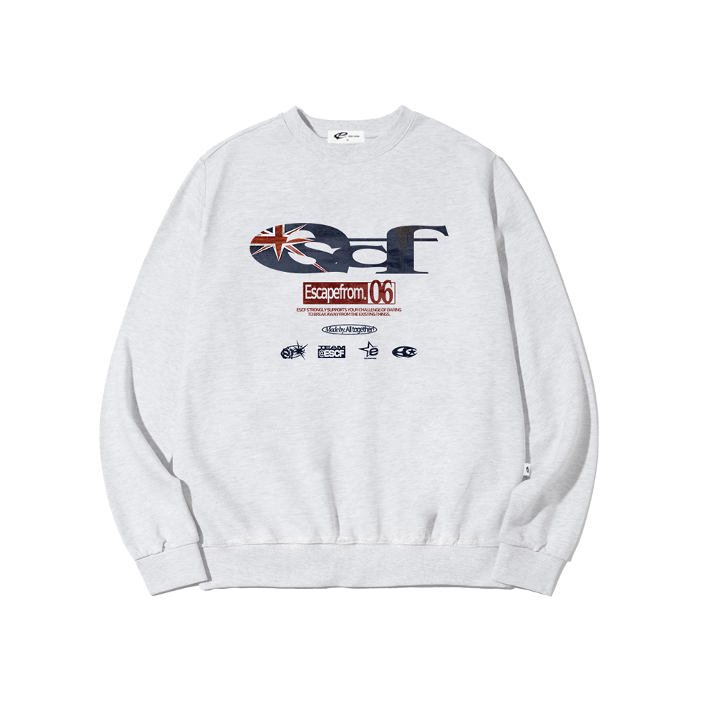 E252SW029WM Escapefrom British Vintage ESCF Logo Collage Print Sweatshirt White Melange