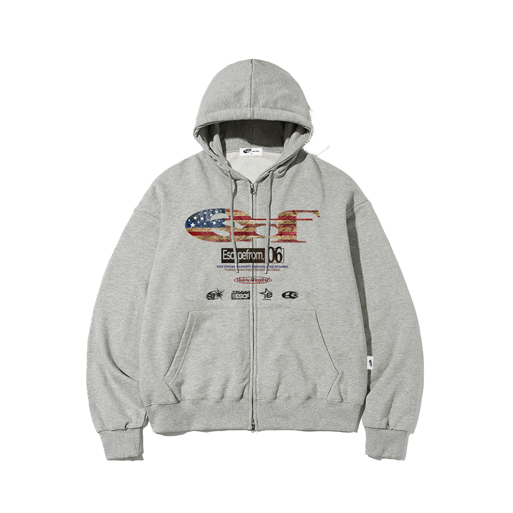 E252HZ017GR Escapefrom Vintage Flag ESCF Logo Collage Print Two-Way Hoodie Zip-Up Gray