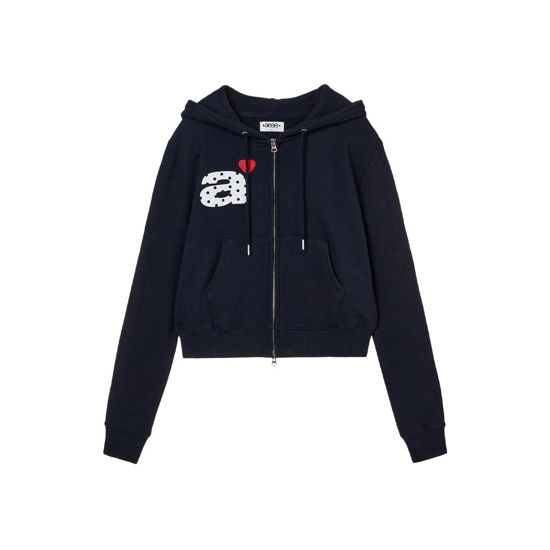에이이에이이 도트 스몰 레터 크롭 후드 집업 네이비(AEAE Dot Small Letter Crop Hood Zip Up Navy)