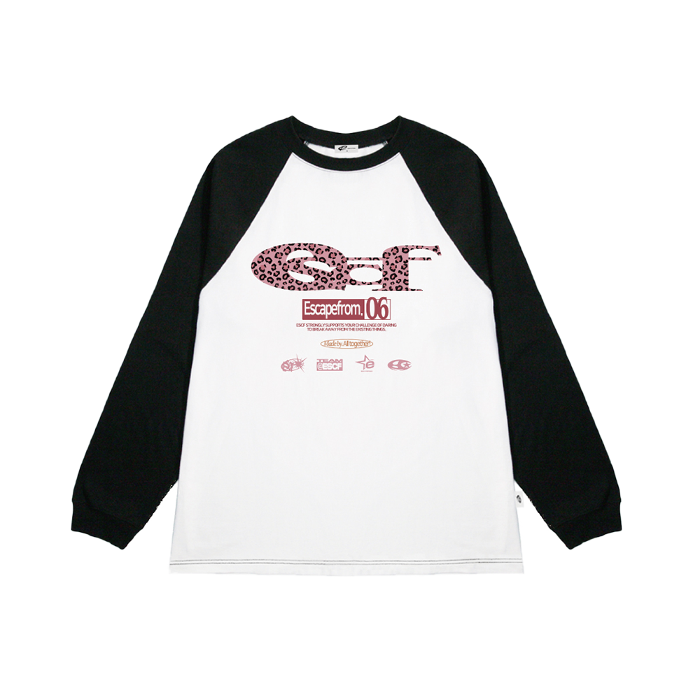 E252LS019BK Escapefrom Pink Leopard ESCF Logo Collage Print Long Sleeve T-shirt Black