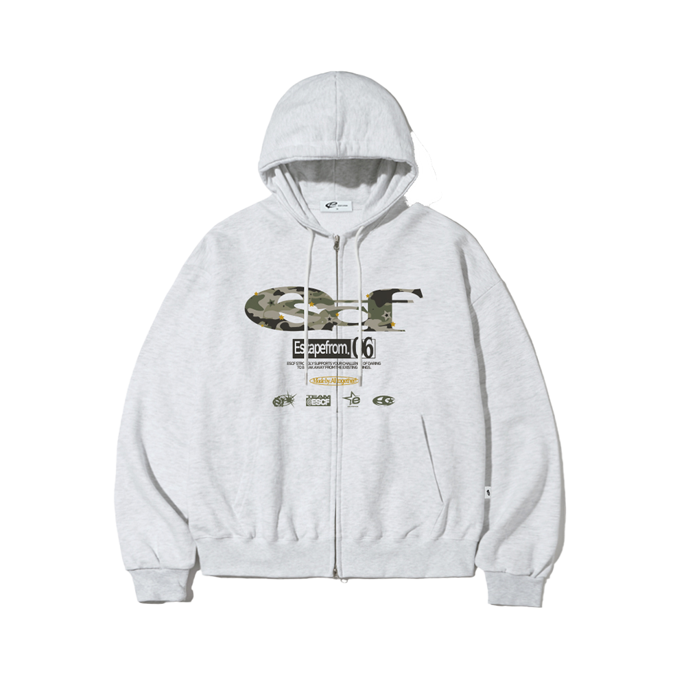 E252HZ009WM Escapefrom Star Camo ESCF Logo Collage Print Two-Way Hoodie Zip-Up White Melange