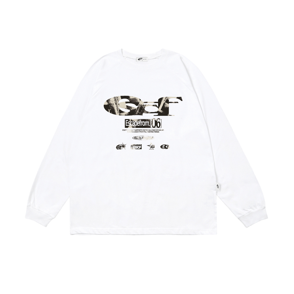E252LS010WH Escapefrom Stamp ESCF Logo Collage Print Long Sleeve T-shirt White