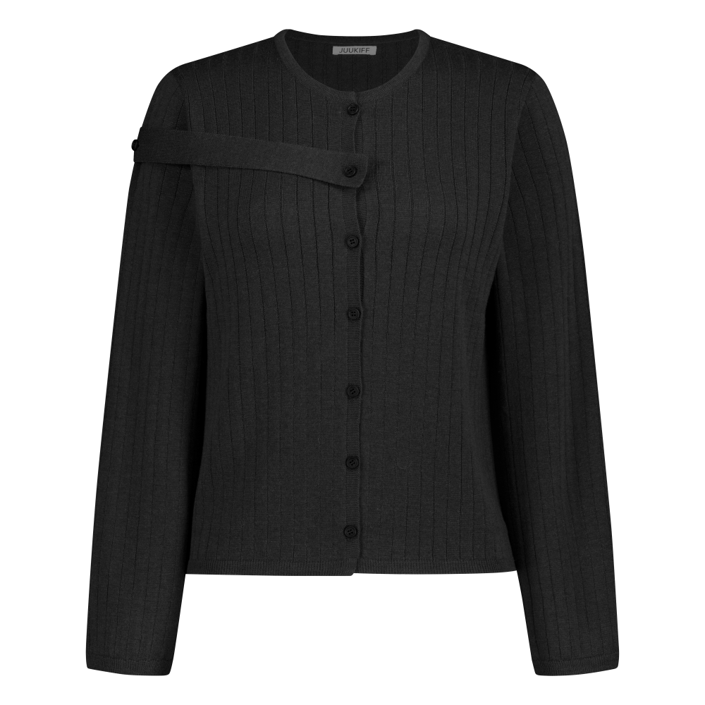 쥬키프 울 버튼 스트랩 가디건 다크 그레이(Juukiff Buttoned Strap Cardigan In Mixed Wool Dark Grey)