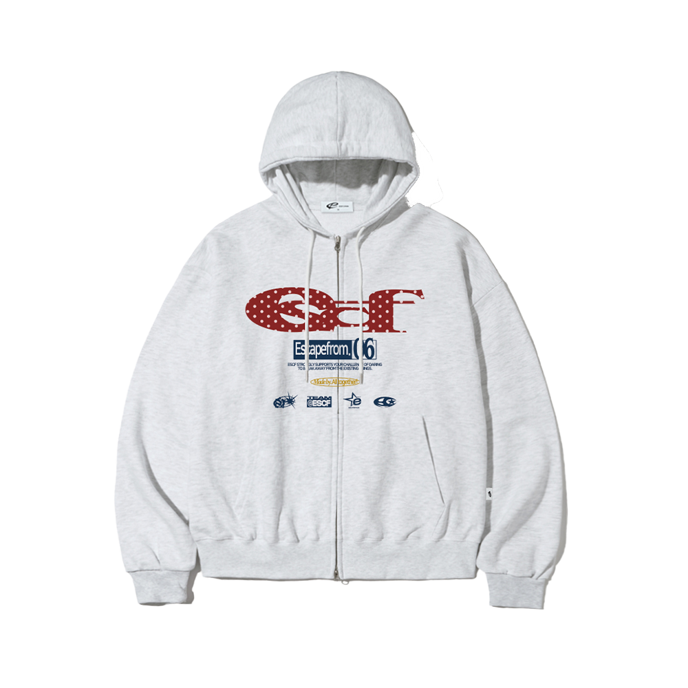 이스케이프프롬 레드 도트 ESCF 로고 콜라주 프린트 투웨이 후드집업 화이트멜란지(Escapefrom Red Dot ESCF Logo Collage Print Two-Way Hoodie Zip-Up White Melange) - 1