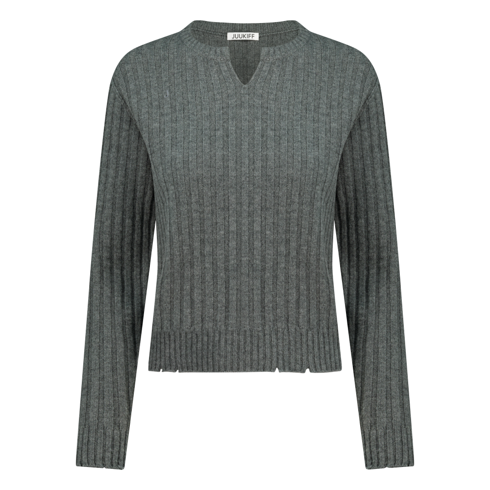 쥬키프 울 디스트레스 풀오버 멜란지 그레이(Juukiff Distressed Split-Neck Pullover In Wool Melange Grey)