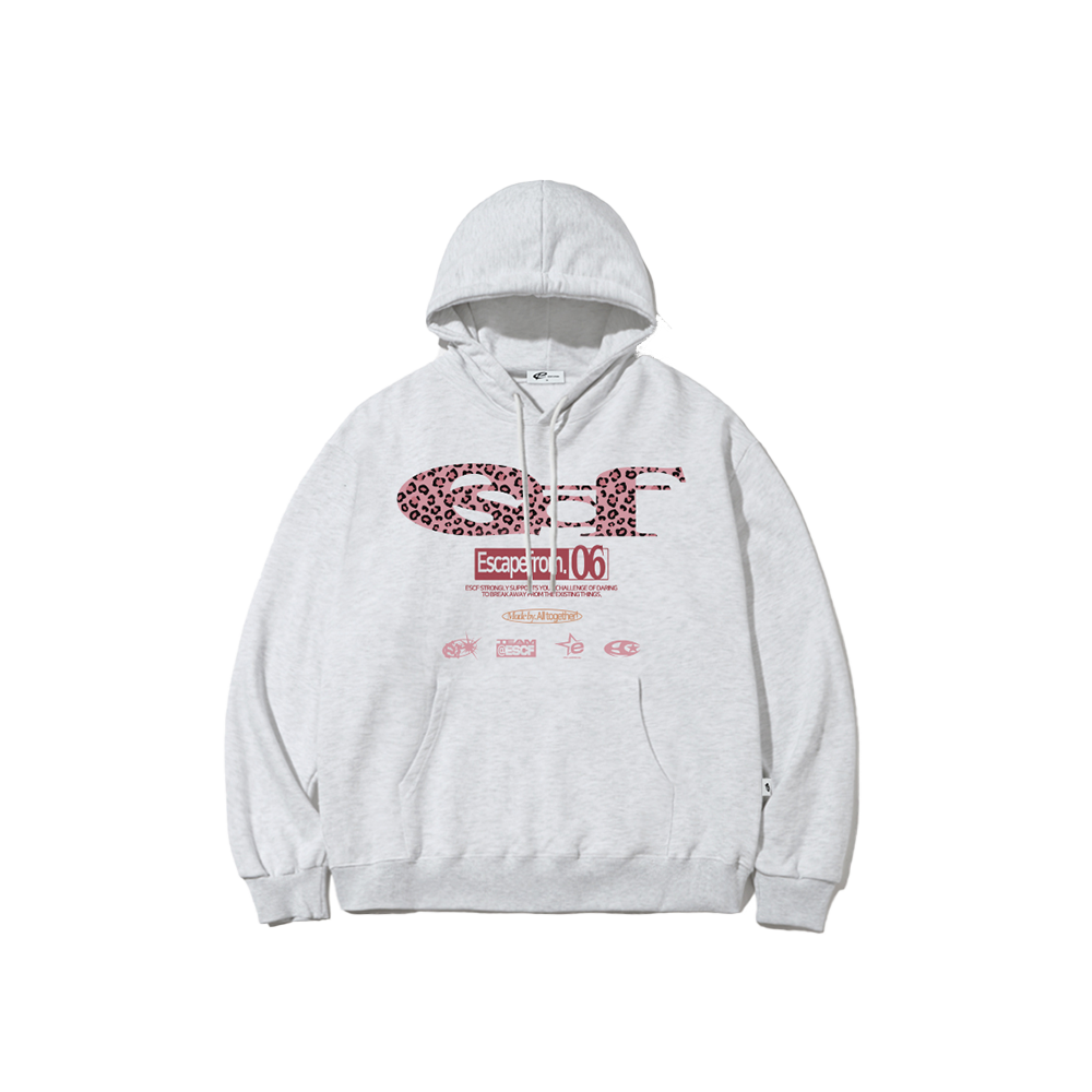 E252HD018WM Escapefrom Pink Leopard ESCF Logo Collage Print Hoodie White Melange