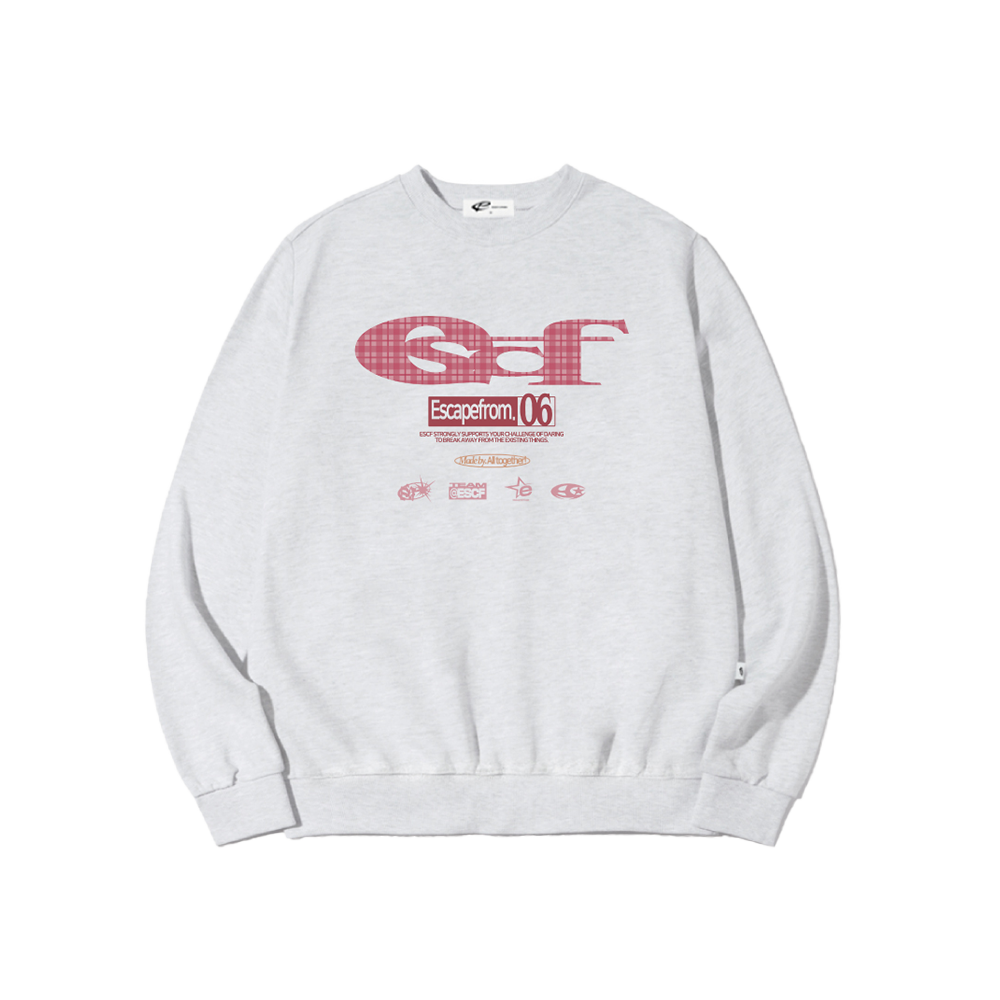 E252SW023WM Escapefrom Pink Check ESCF Logo Collage Print Sweatshirt White Melange