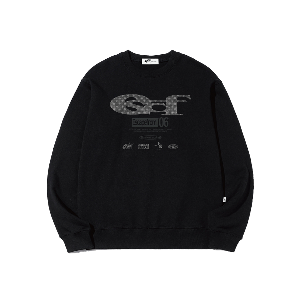 이스케이프프롬 블랙 별 데님 ESCF 로고 콜라주 프린트 맨투맨 블랙(Escapefrom Black Star Denim ESCF Logo Collage Print Sweatshirt Black) - 1