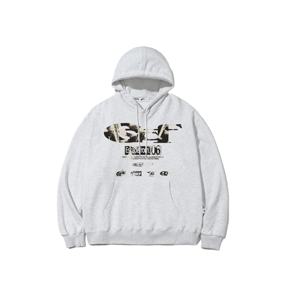 E252HD012WM Escapefrom Stamp ESCF Logo Collage Print Hoodie White Melange