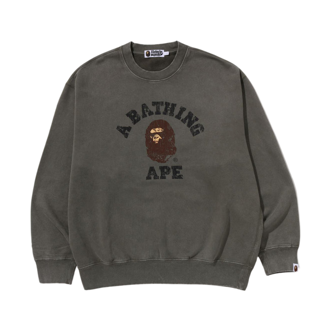 베이프 가먼트 다이 컬리지 릴렉스드 핏 크루넥 스웨트셔츠 올리브드랩