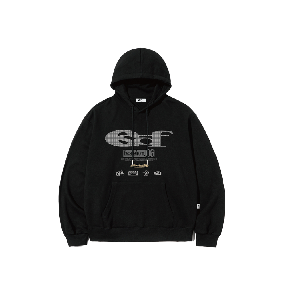 E252HD001BK Escapefrom Gray Check ESCF Logo Collage Print Hoodie Black