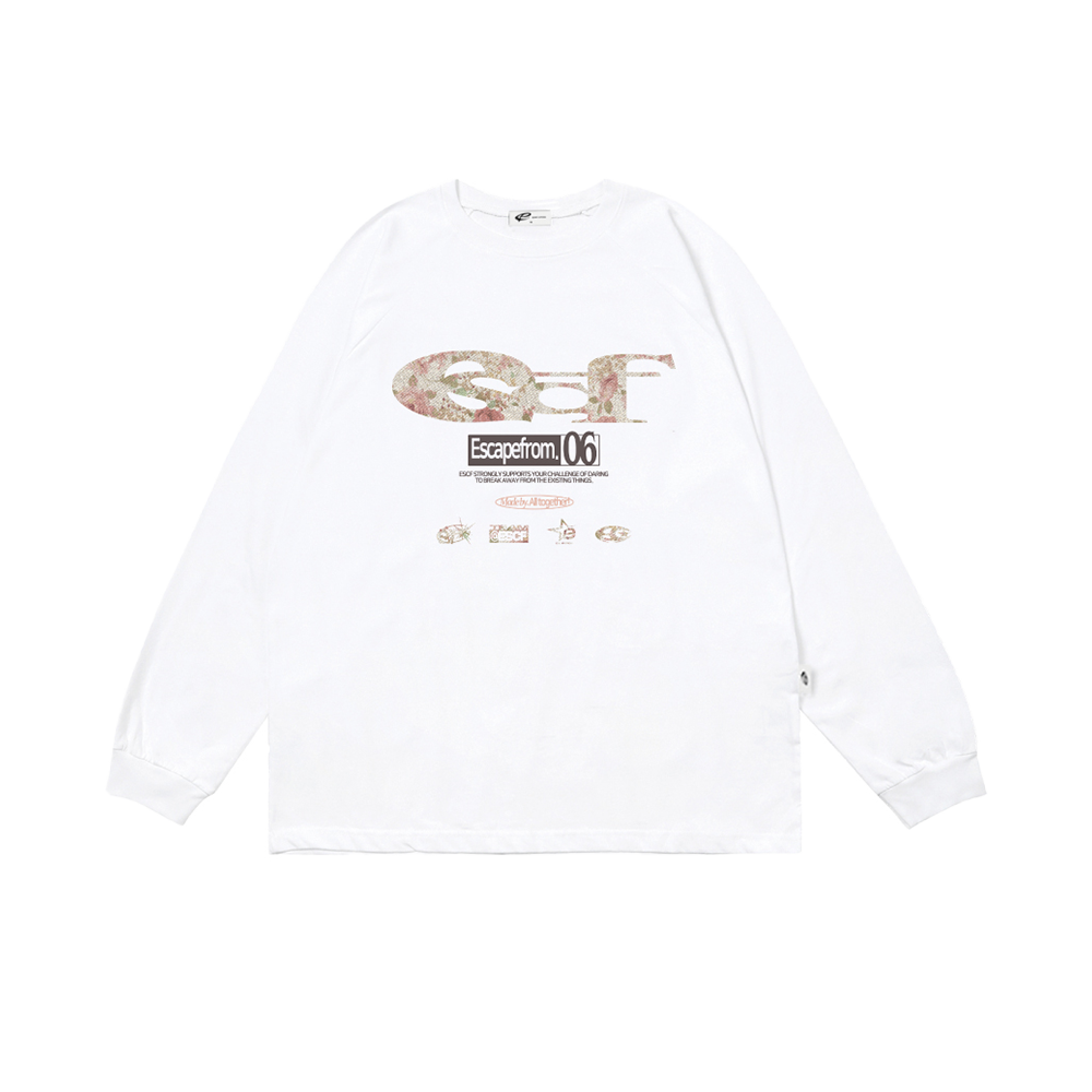 E252LS027WH Escapefrom Flower ESCF Logo Collage Print Long Sleeve T-shirt White