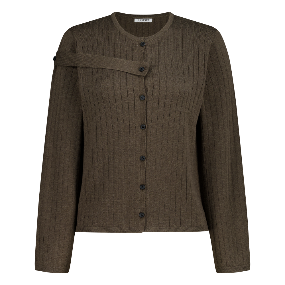 25AWMACD02DB Jukkiff Buttoned Strap Cardigan In Mixed Wool Dark Brown