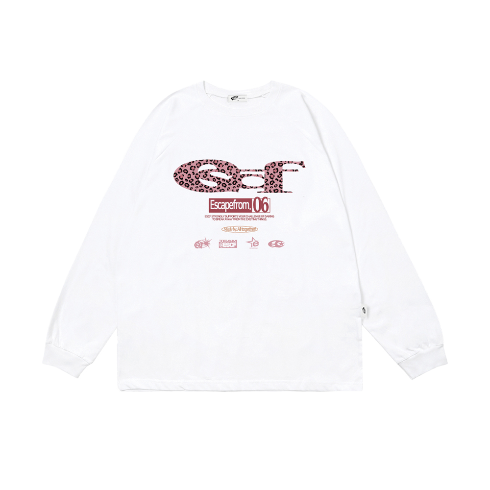 E252LS018WH Escapefrom Pink Leopard ESCF Logo Collage Print Long Sleeve T-shirt White