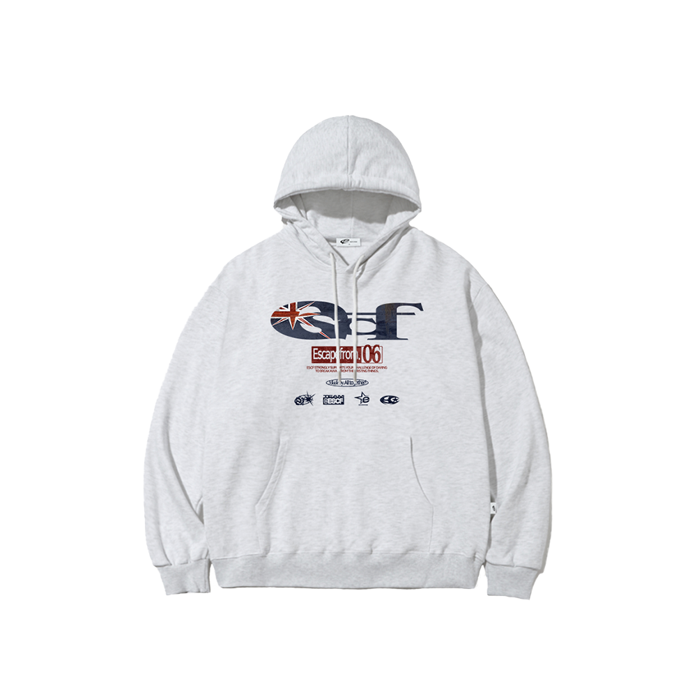 E252HD026WM Escapefrom British Vintage ESCF Logo Collage Print Hoodie White Melange