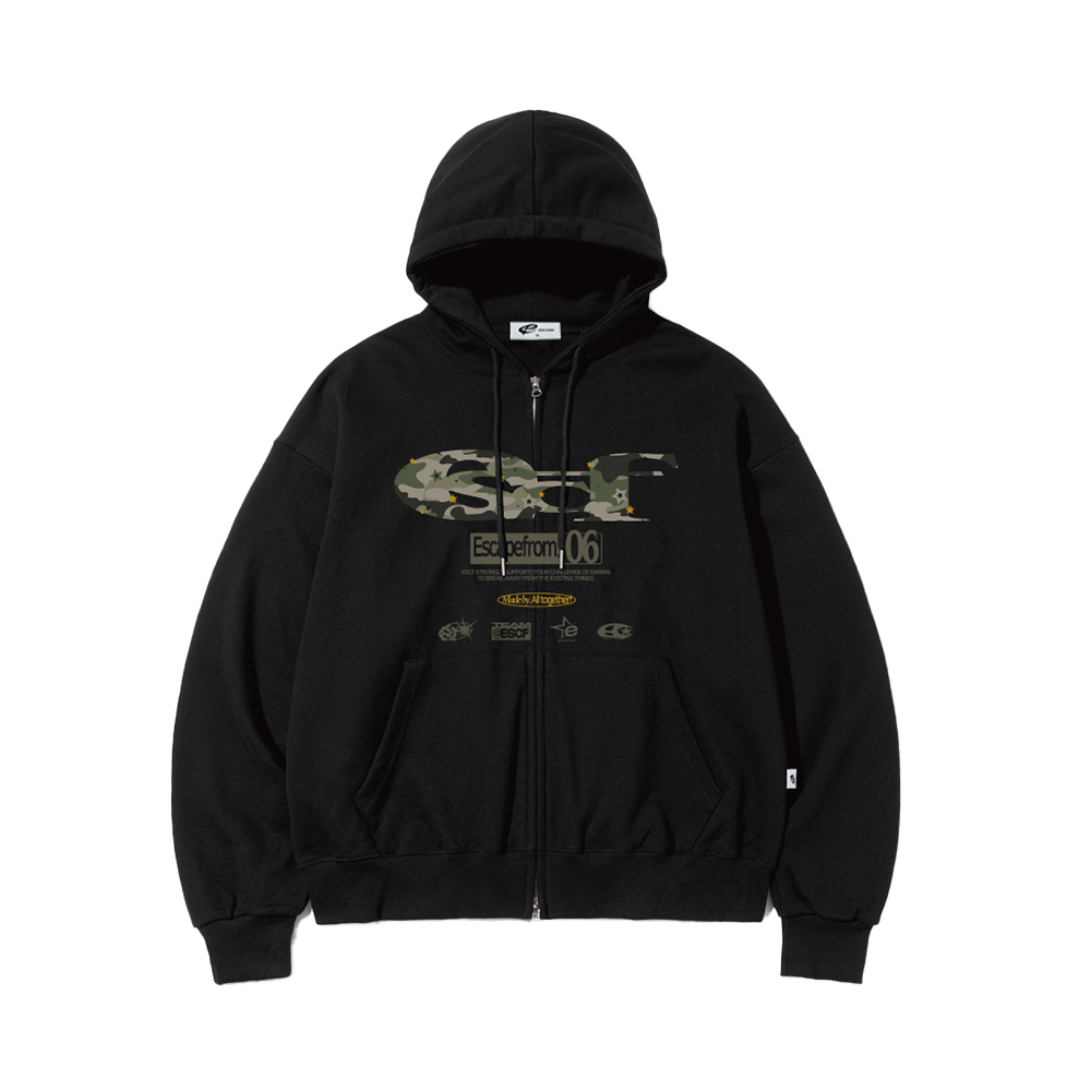 E252HZ007BK Escapefrom Star Camo ESCF Logo Collage Print Two-Way Hoodie Zip-Up Black